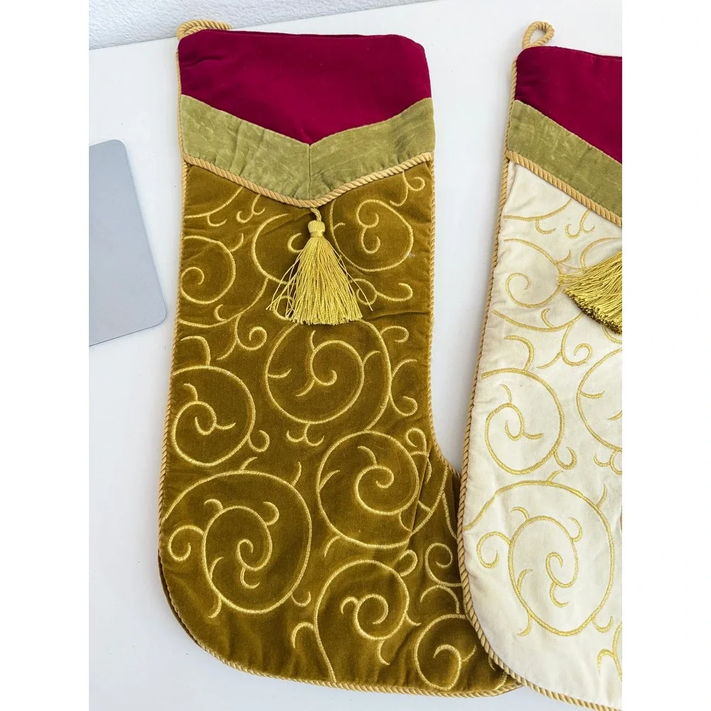Set of 2 Velvet Christmas Stockings Gold Embroidered Swirl Tassel Holiday Decor